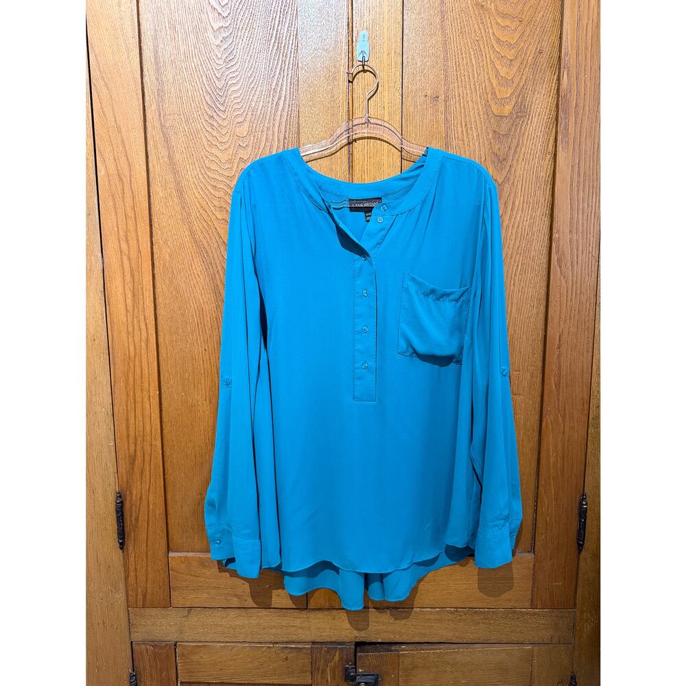 Lane Bryant Teal Henley Blouse 22/24 Long Sleeve Contrast Stitch Silky Top